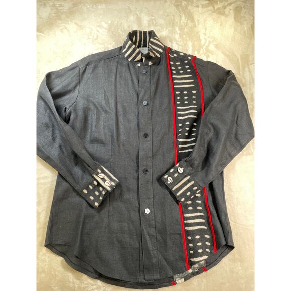 Unisex Vintage Linen Cotton Black & Red Tribal Ethnic Shirt & Pant Set Suit M - Picture 7 of 16